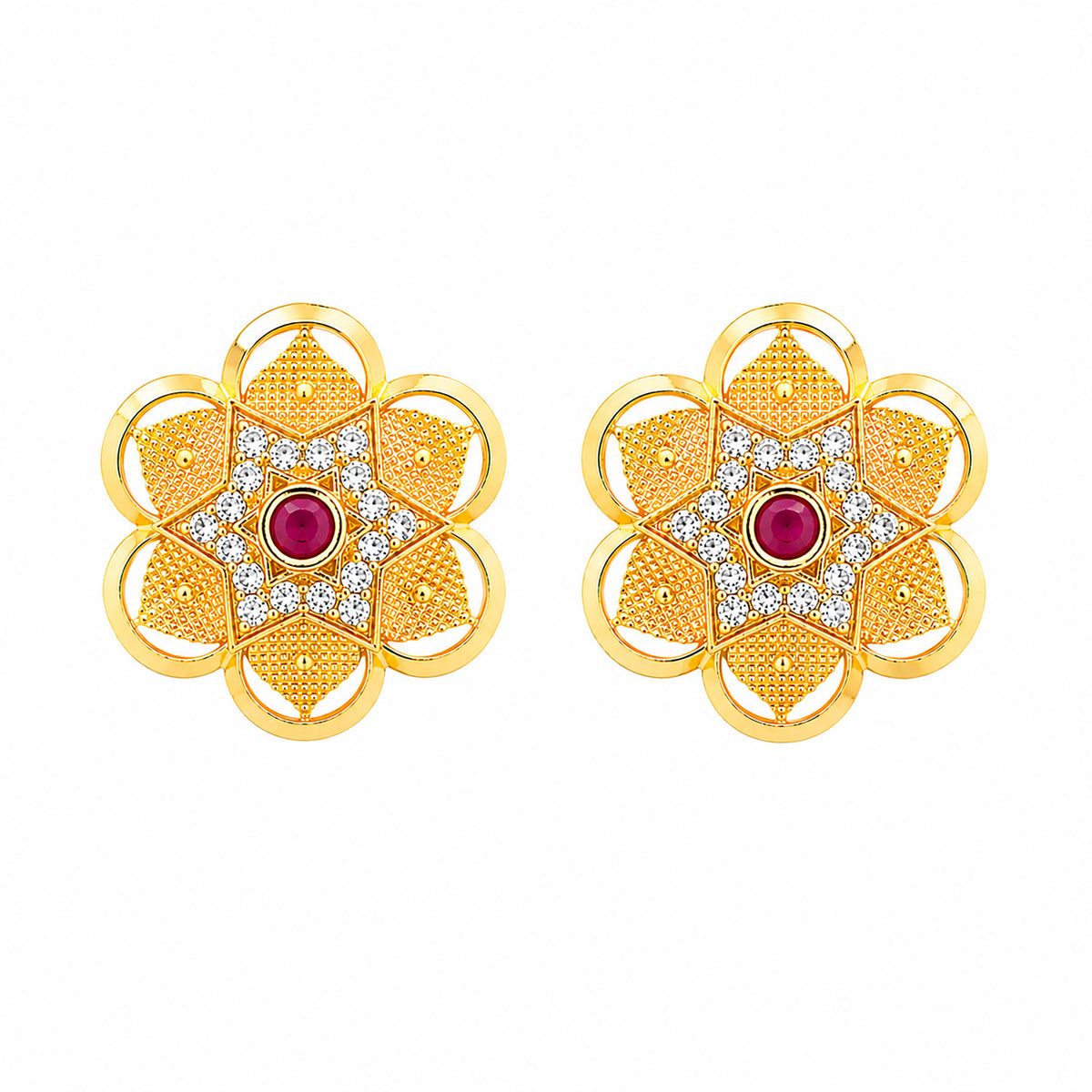 Plain Gold Plated Flower Shaped Stud earring with Maroon Crystal (SJE_347_F)