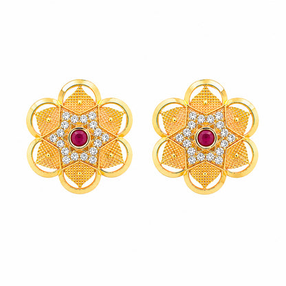 Plain Gold Plated Flower Shaped Stud earring with Maroon Crystal (SJE_347_F)