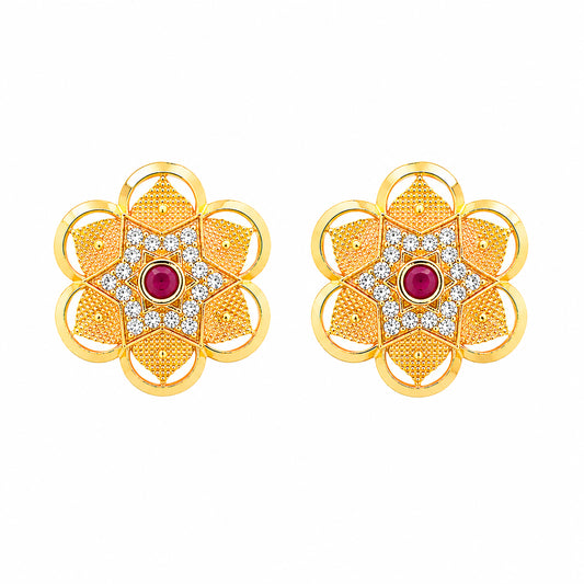 Plain Gold Plated Flower Shaped Stud earring with Maroon Crystal (SJE_347_F)