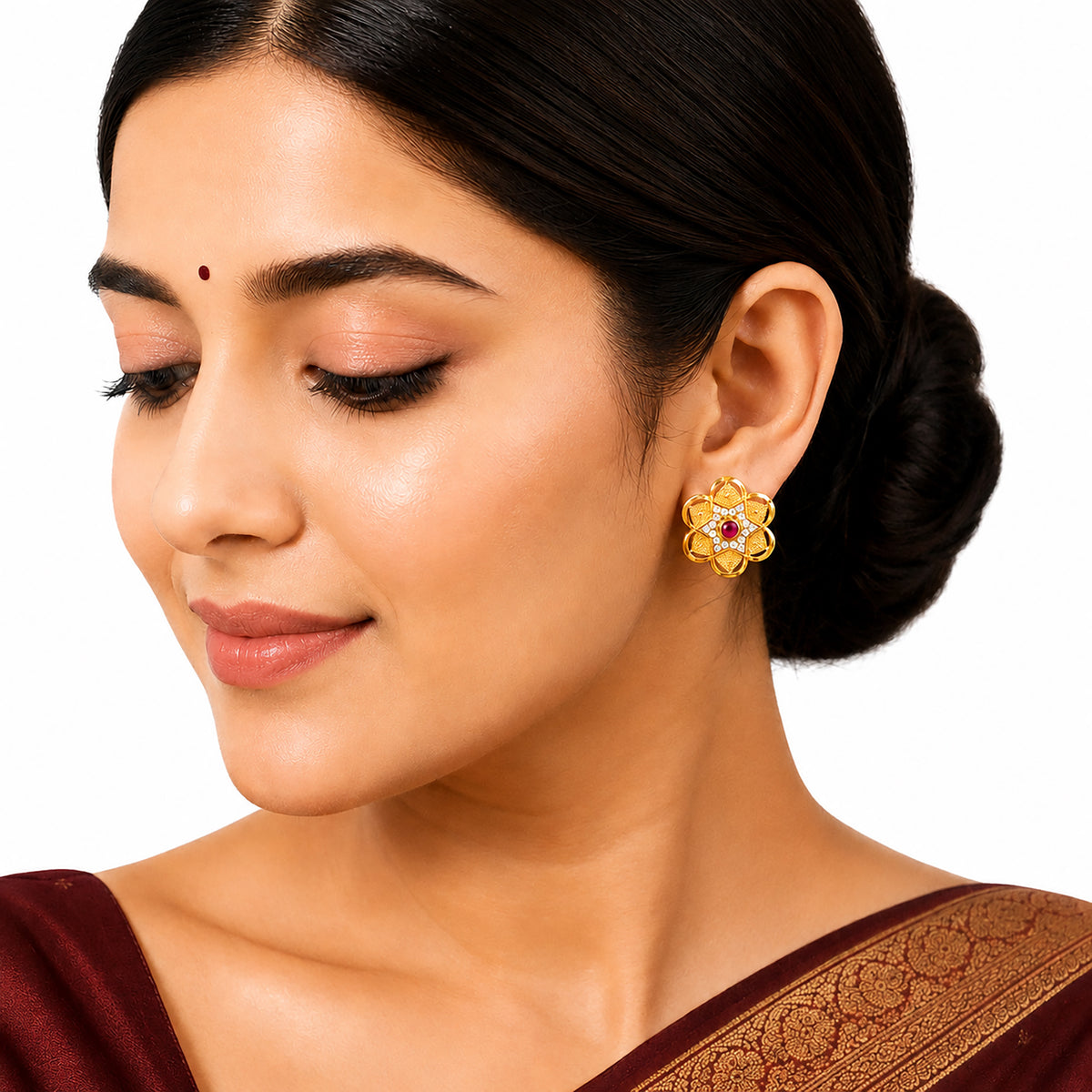 Plain Gold Plated Flower Shaped Stud earring with Maroon Crystal (SJE_347_F)
