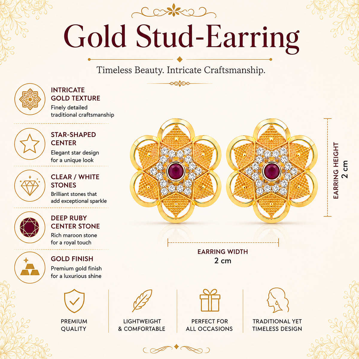 Plain Gold Plated Flower Shaped Stud earring with Maroon Crystal (SJE_347_F)