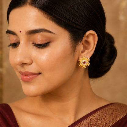 Plain Gold Plated Flower Shaped Stud earring with Maroon Crystal (SJE_347_F)