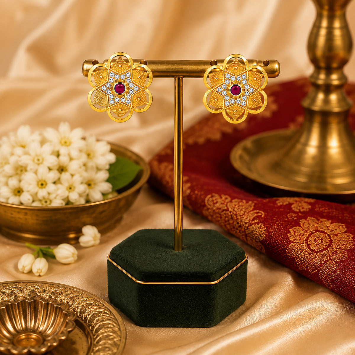 Plain Gold Plated Flower Shaped Stud earring with Maroon Crystal (SJE_347_F)