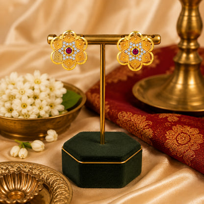 Plain Gold Plated Flower Shaped Stud earring with Maroon Crystal (SJE_347_F)