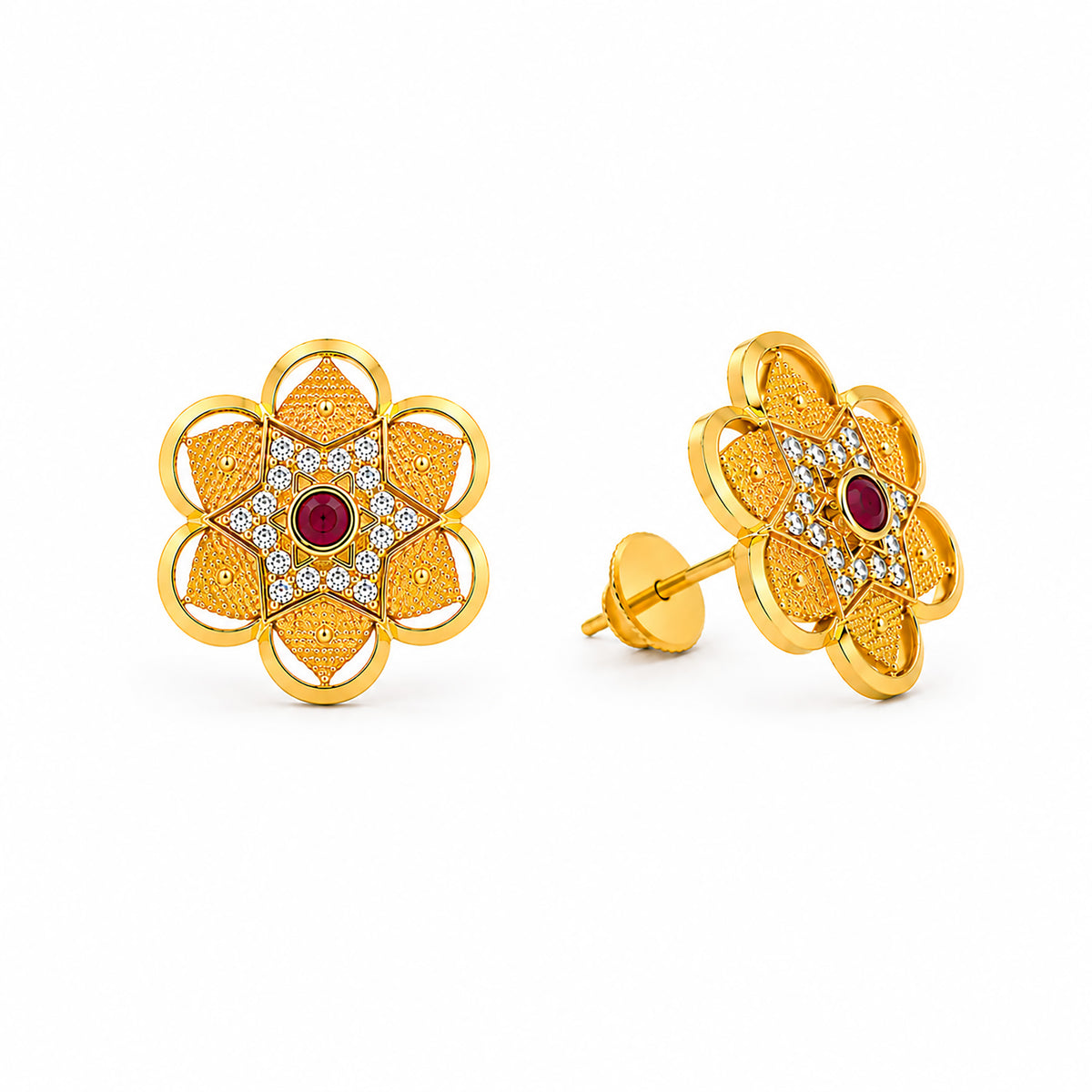 Plain Gold Plated Flower Shaped Stud earring with Maroon Crystal (SJE_347_F)