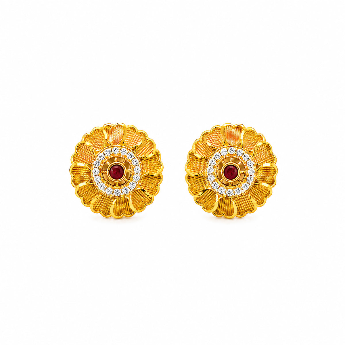 Plain Gold Plated Round Shaped Stud earring with Maroon Crystal (SJE_347_F)