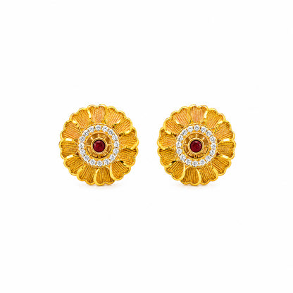 Plain Gold Plated Round Shaped Stud earring with Maroon Crystal (SJE_347_F)