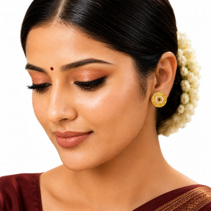 Plain Gold Plated Round Shaped Stud earring with Maroon Crystal (SJE_347_F)
