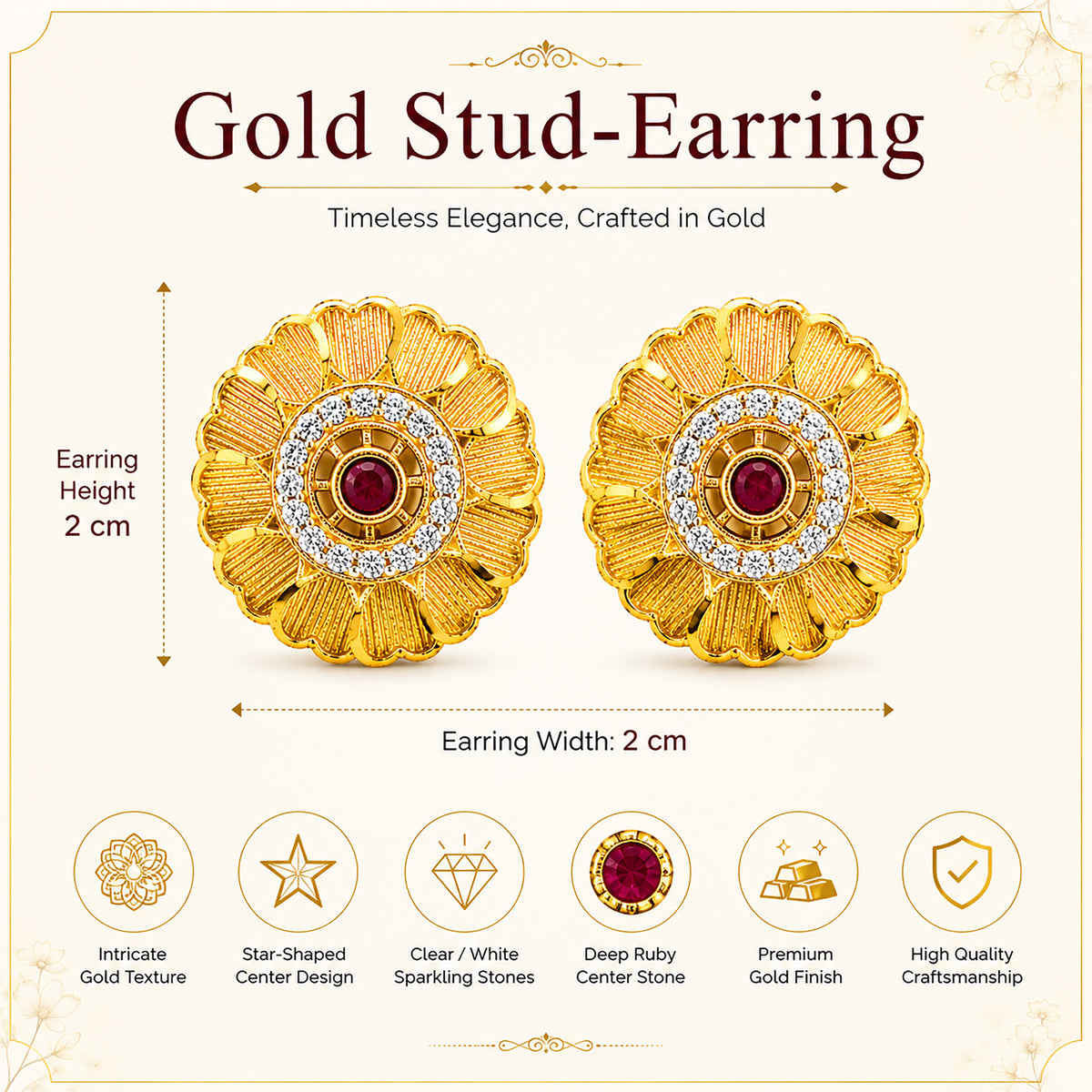 Plain Gold Plated Round Shaped Stud earring with Maroon Crystal (SJE_347_F)