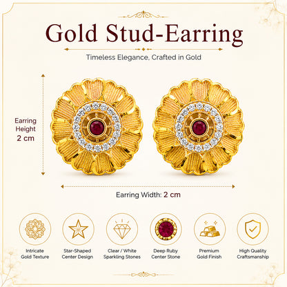 Plain Gold Plated Round Shaped Stud earring with Maroon Crystal (SJE_347_F)