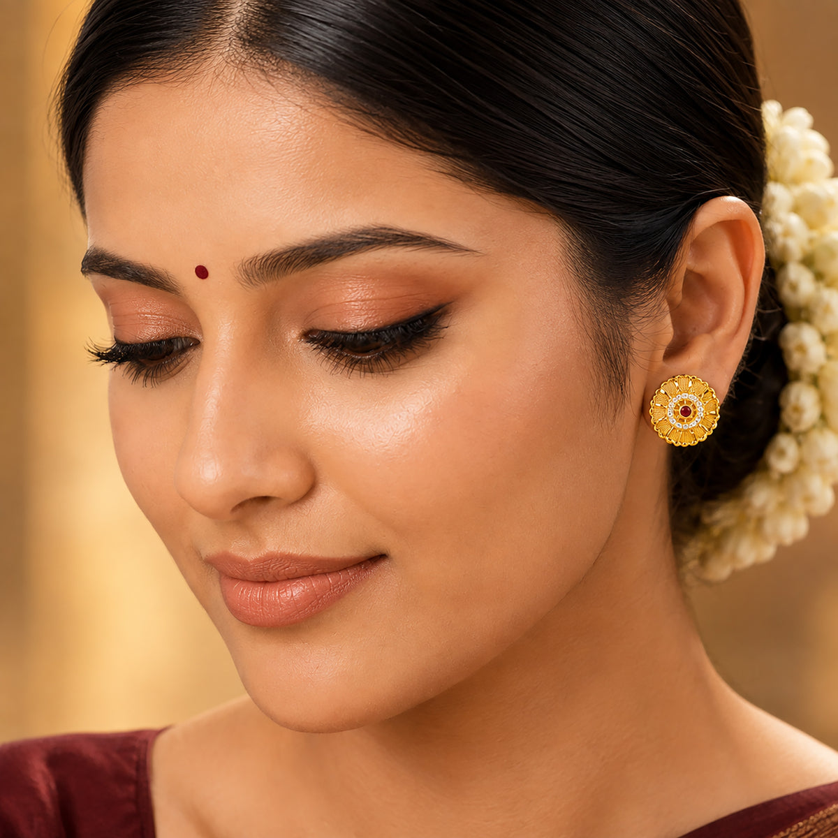 Plain Gold Plated Round Shaped Stud earring with Maroon Crystal (SJE_347_F)