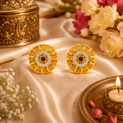 Plain Gold Plated Round Shaped Stud earring with Maroon Crystal (SJE_347_F)