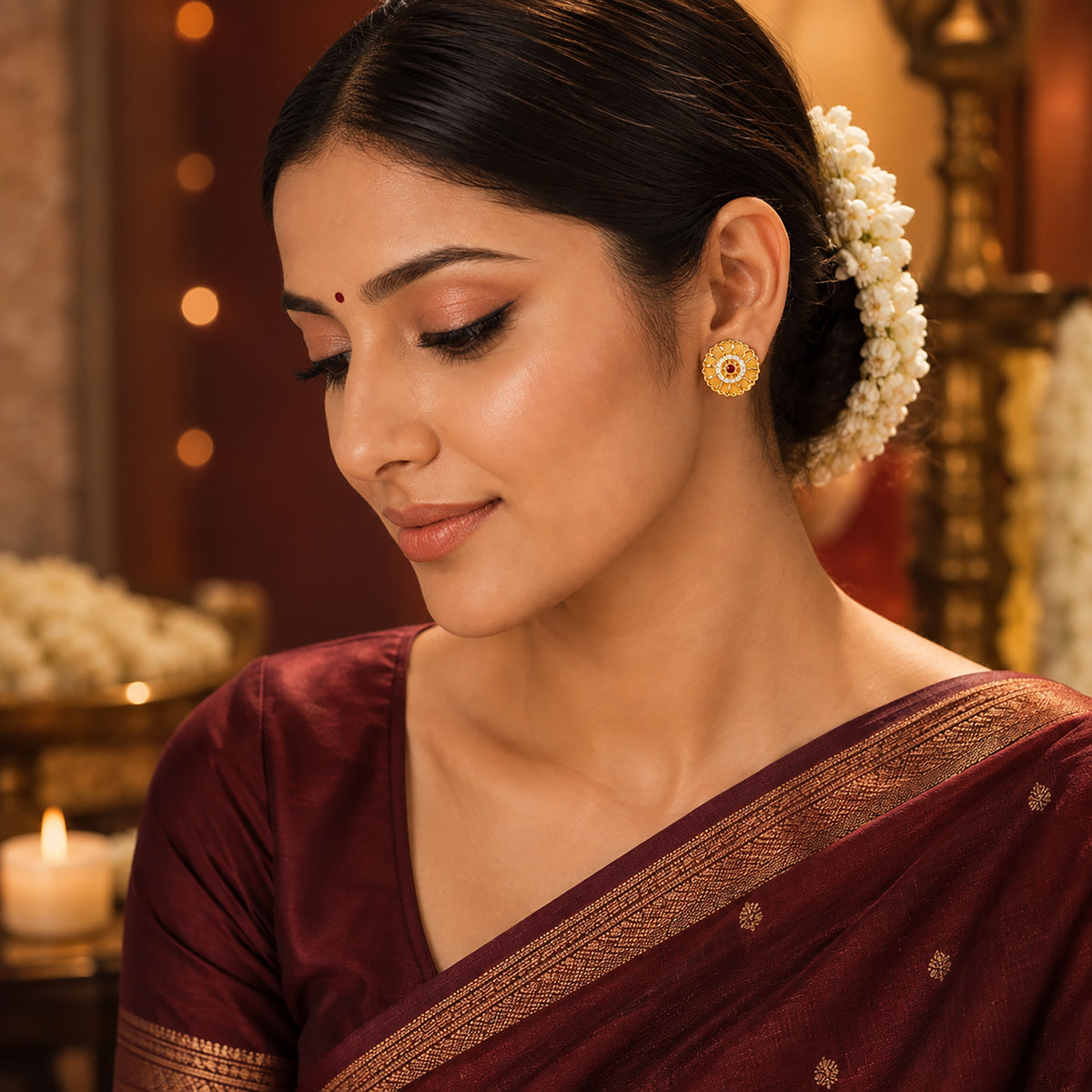 Plain Gold Plated Round Shaped Stud earring with Maroon Crystal (SJE_347_F)