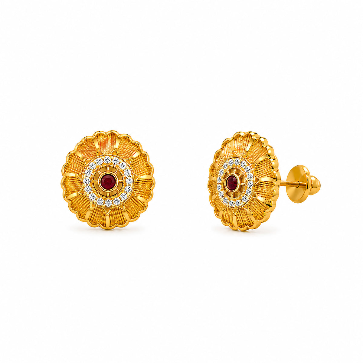 Plain Gold Plated Round Shaped Stud earring with Maroon Crystal (SJE_347_F)