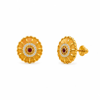 Plain Gold Plated Round Shaped Stud earring with Maroon Crystal (SJE_347_F)