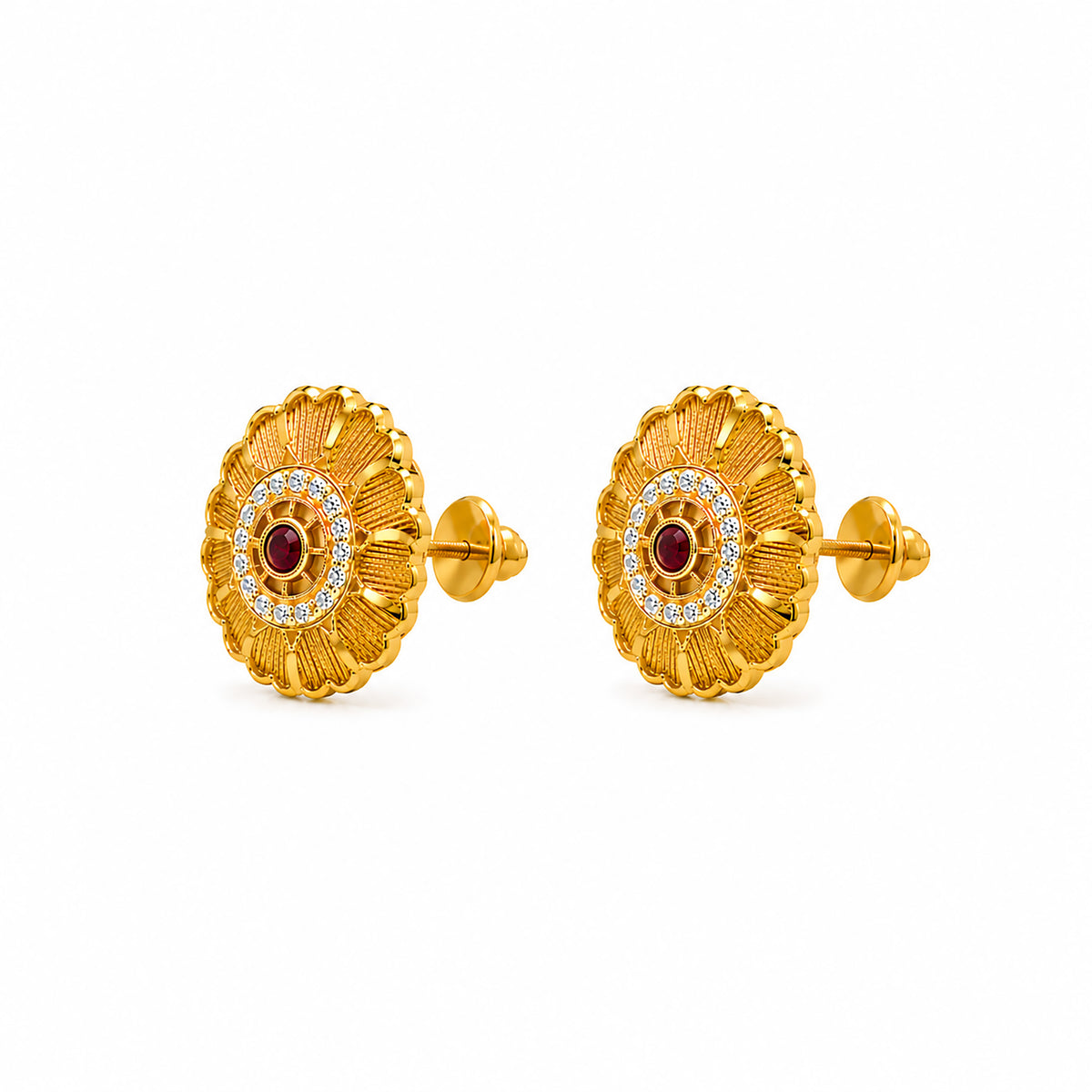 Plain Gold Plated Round Shaped Stud earring with Maroon Crystal (SJE_347_F)