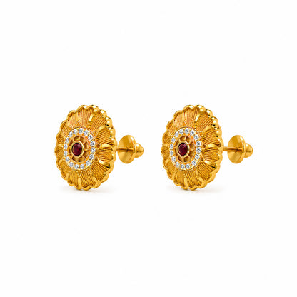 Plain Gold Plated Round Shaped Stud earring with Maroon Crystal (SJE_347_F)