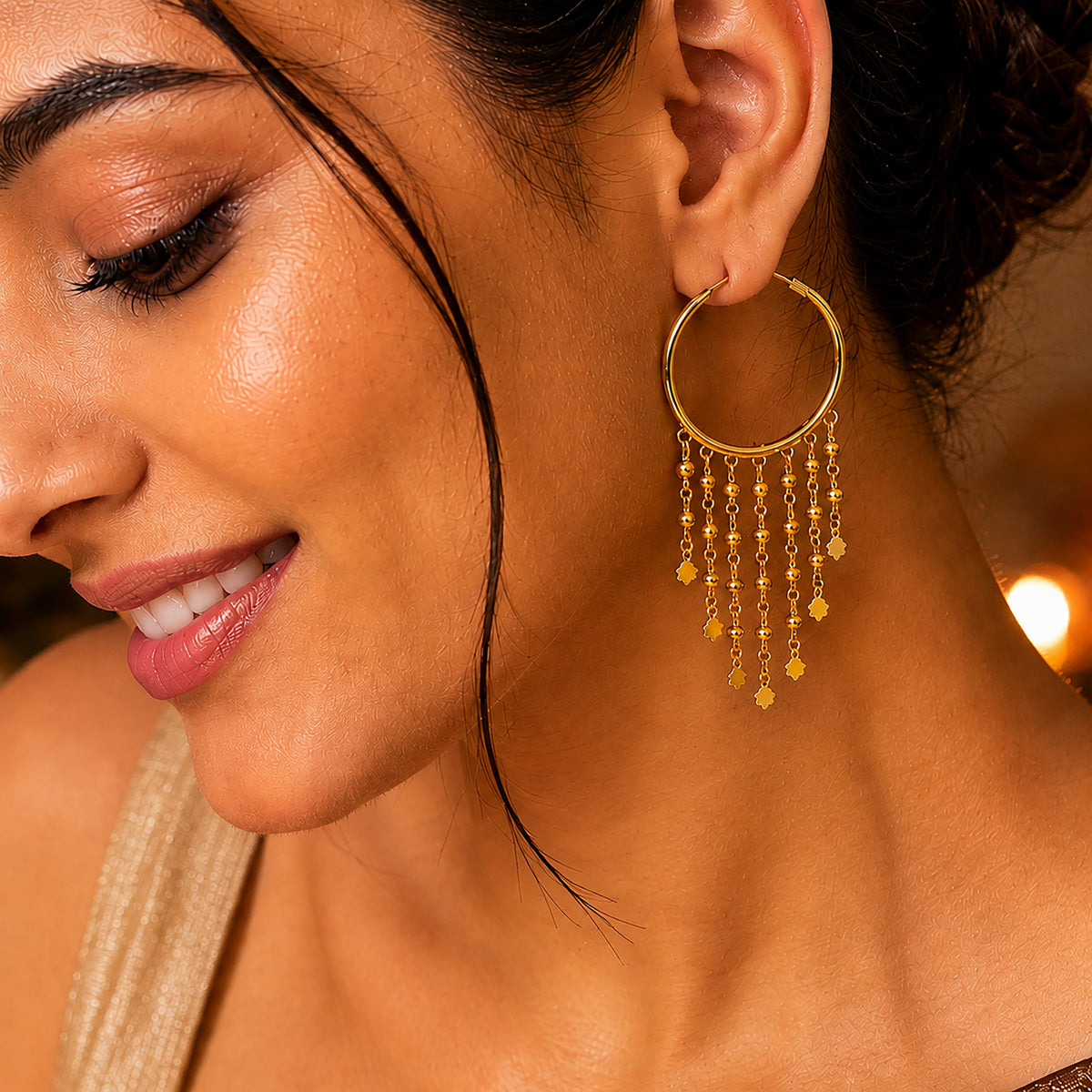 Plain Gold Plated Round shaped earring with Long chain Dangler (SJE_348)
