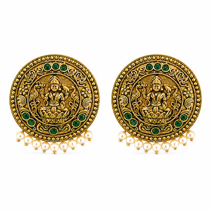 Matte Gold Plated Round Medium Sized Peacock Stud earring- Green (SJE_349_G)