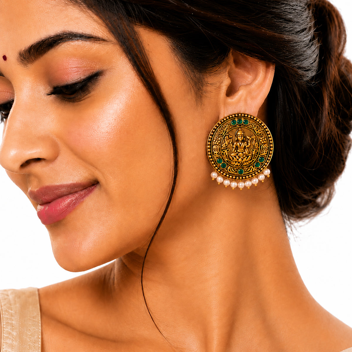 Matte Gold Plated Round Medium Sized Peacock Stud earring- Green (SJE_349_G)