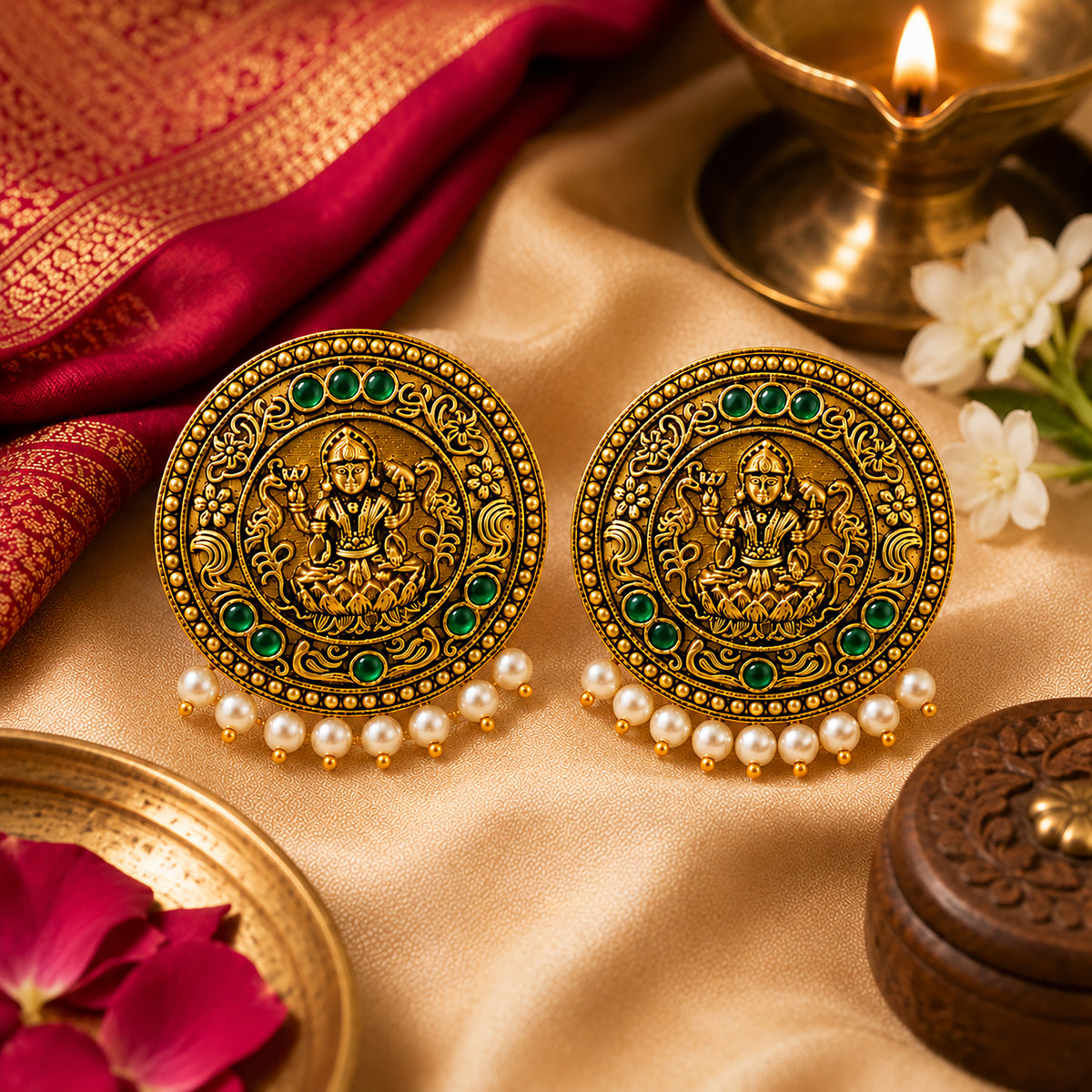Matte Gold Plated Round Medium Sized Peacock Stud earring- Green (SJE_349_G)