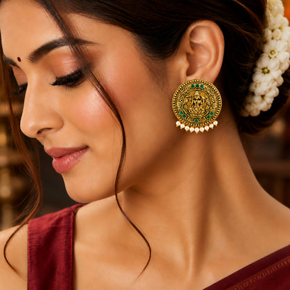 Matte Gold Plated Round Medium Sized Peacock Stud earring- Green (SJE_349_G)