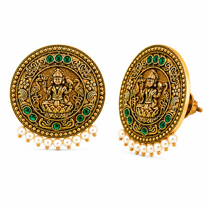 Matte Gold Plated Round Medium Sized Peacock Stud earring- Green (SJE_349_G)