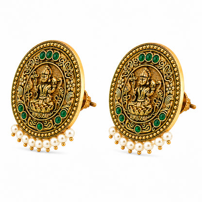 Matte Gold Plated Round Medium Sized Peacock Stud earring- Green (SJE_349_G)