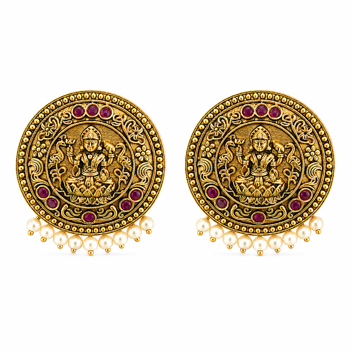 Matte Gold Plated Round Medium Sized Peacock Stud earring- Maroon (SJE_349_M)
