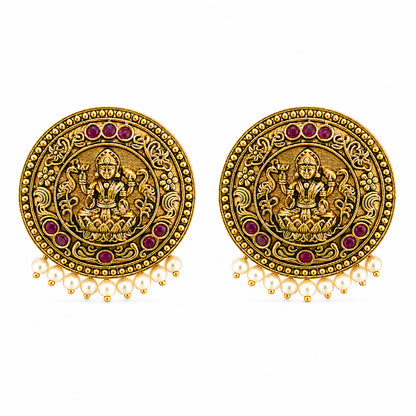 Matte Gold Plated Round Medium Sized Peacock Stud earring- Maroon (SJE_349_M)