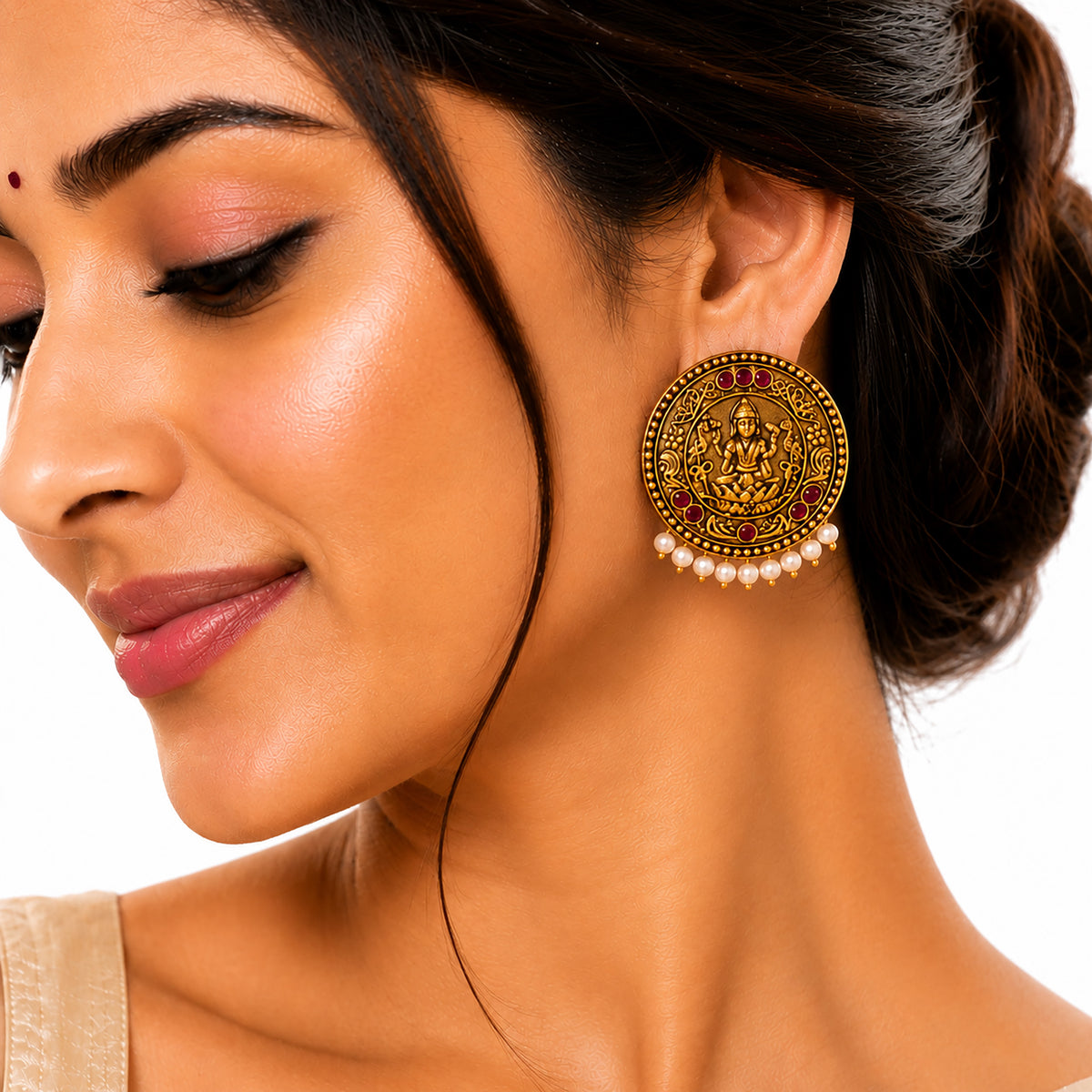 Matte Gold Plated Round Medium Sized Peacock Stud earring- Maroon (SJE_349_M)