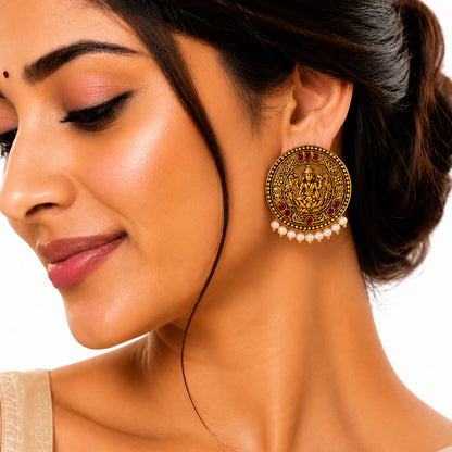 Matte Gold Plated Round Medium Sized Peacock Stud earring- Maroon (SJE_349_M)