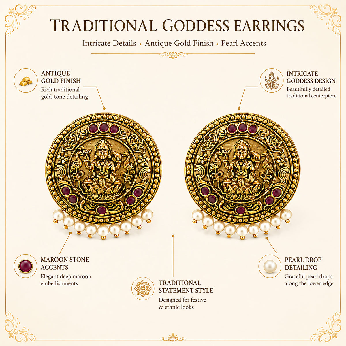 Matte Gold Plated Round Medium Sized Peacock Stud earring- Maroon (SJE_349_M)