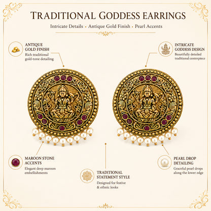 Matte Gold Plated Round Medium Sized Peacock Stud earring- Maroon (SJE_349_M)