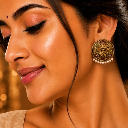 Matte Gold Plated Round Medium Sized Peacock Stud earring- Maroon (SJE_349_M)