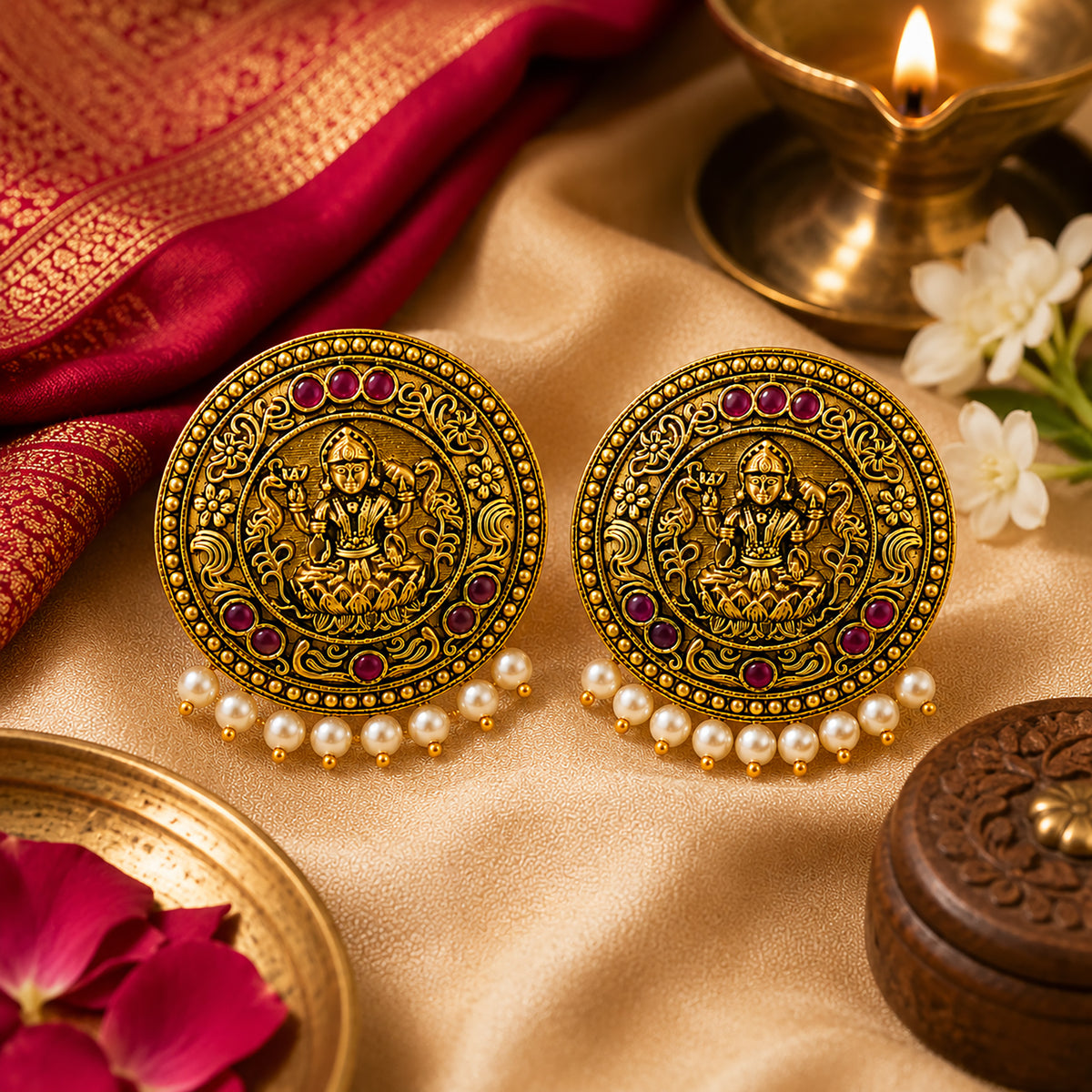 Matte Gold Plated Round Medium Sized Peacock Stud earring- Maroon (SJE_349_M)