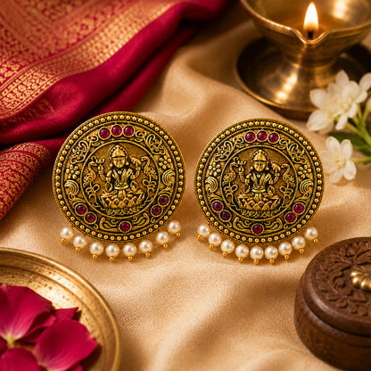 Matte Gold Plated Round Medium Sized Peacock Stud earring- Maroon (SJE_349_M)