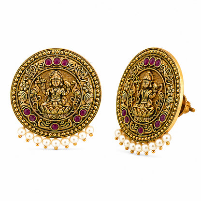 Matte Gold Plated Round Medium Sized Peacock Stud earring- Maroon (SJE_349_M)