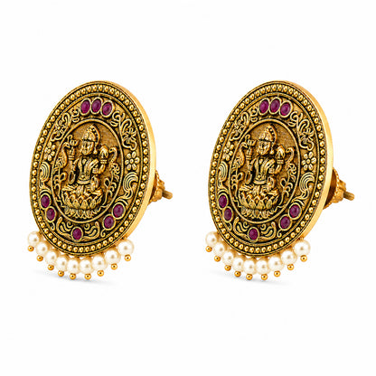Matte Gold Plated Round Medium Sized Peacock Stud earring- Maroon (SJE_349_M)