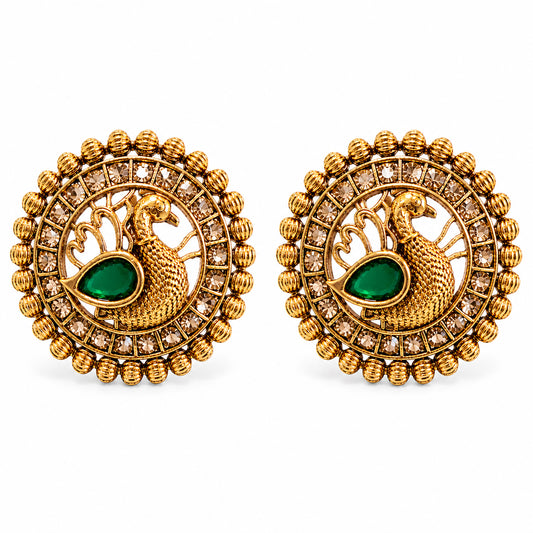 Matte Gold plated Round Large Sized Stud earring with Laxmi Design - Green (SJE_350_G)