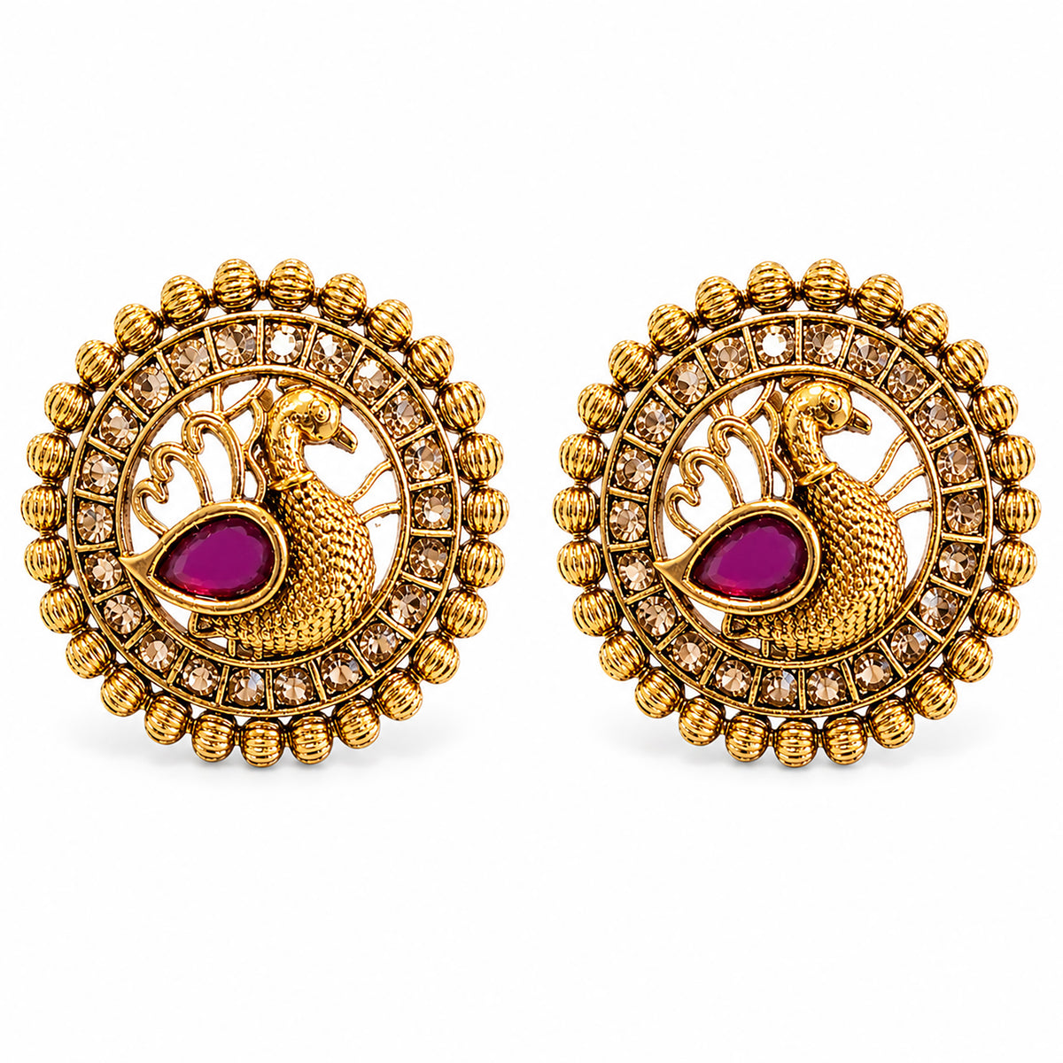 Matte Gold plated Round Large Sized Stud earring with Laxmi Design - Maroon (SJE_350_M)