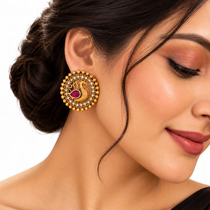 Matte Gold plated Round Large Sized Stud earring with Laxmi Design - Maroon (SJE_350_M)