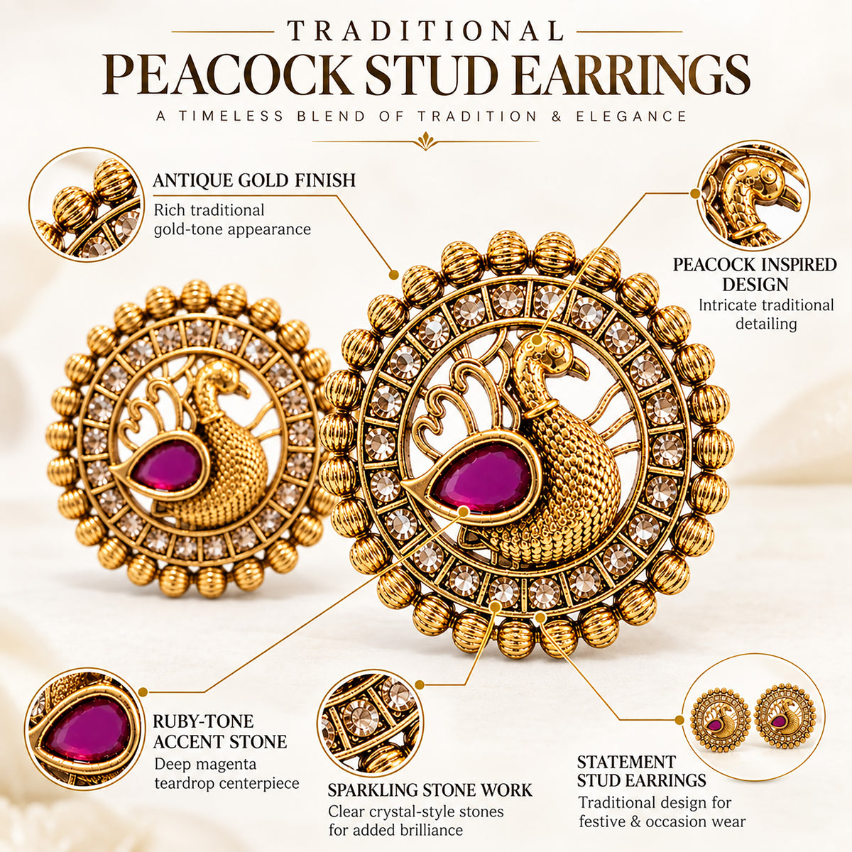 Matte Gold plated Round Large Sized Stud earring with Laxmi Design - Maroon (SJE_350_M)