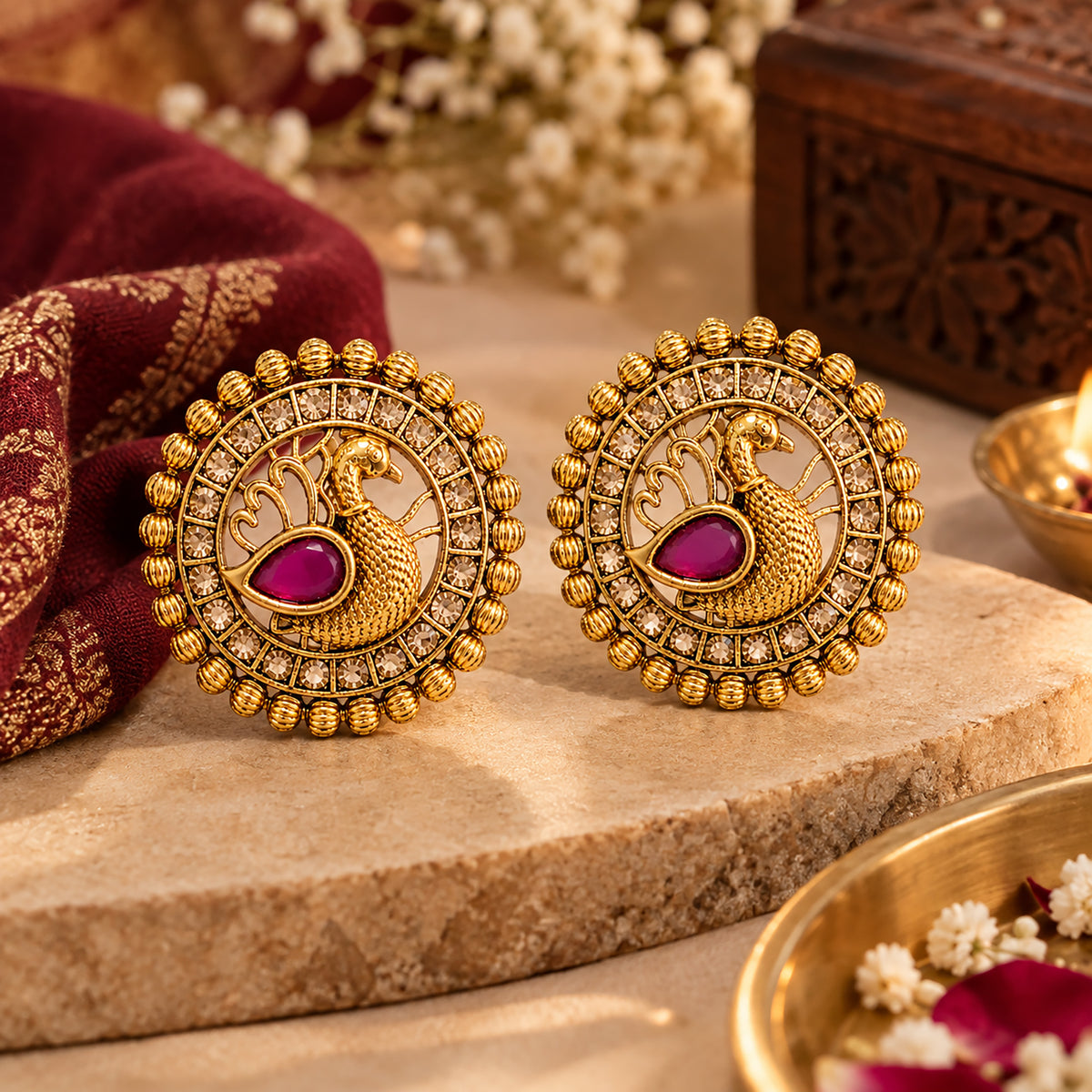 Matte Gold plated Round Large Sized Stud earring with Laxmi Design - Maroon (SJE_350_M)