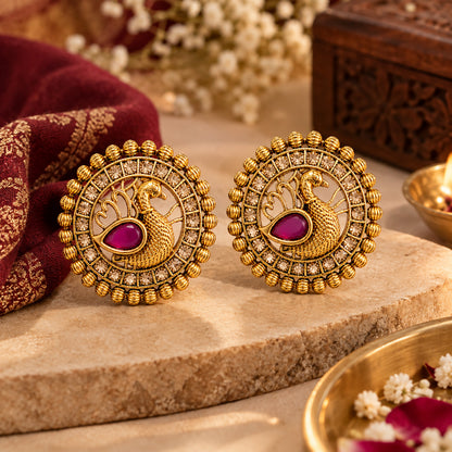 Matte Gold plated Round Large Sized Stud earring with Laxmi Design - Maroon (SJE_350_M)