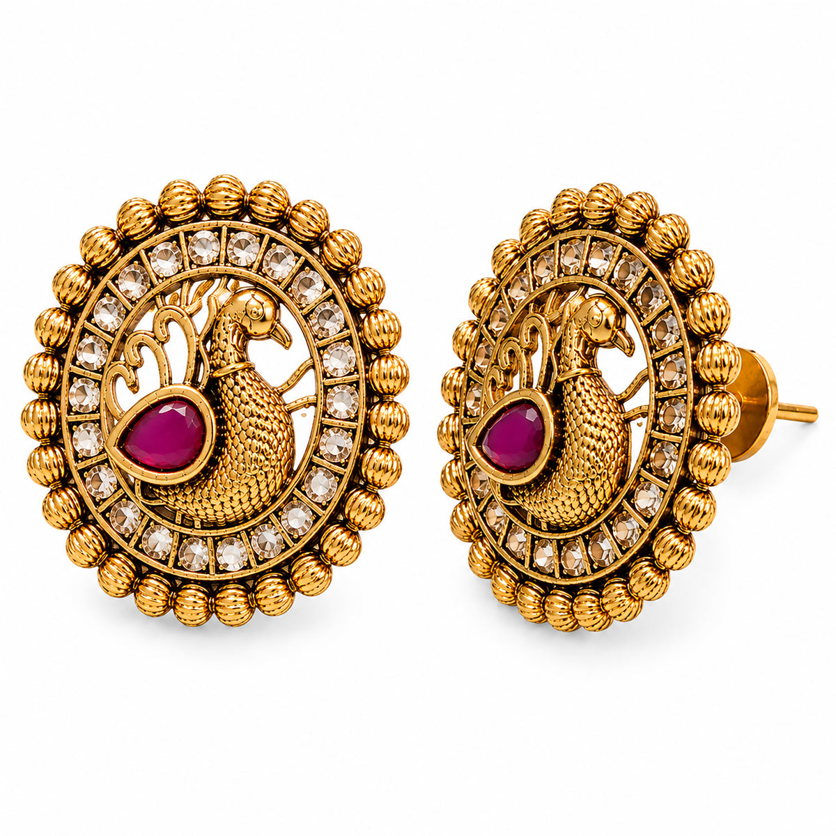 Matte Gold plated Round Large Sized Stud earring with Laxmi Design - Maroon (SJE_350_M)