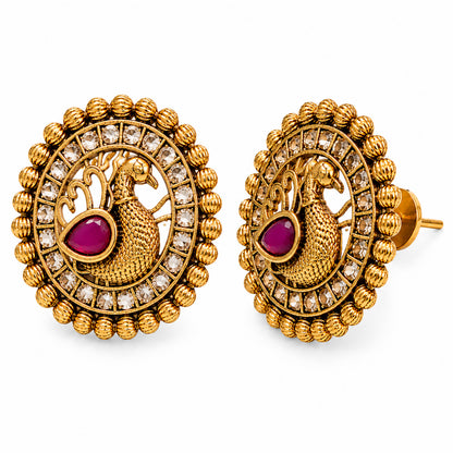 Matte Gold plated Round Large Sized Stud earring with Laxmi Design - Maroon (SJE_350_M)