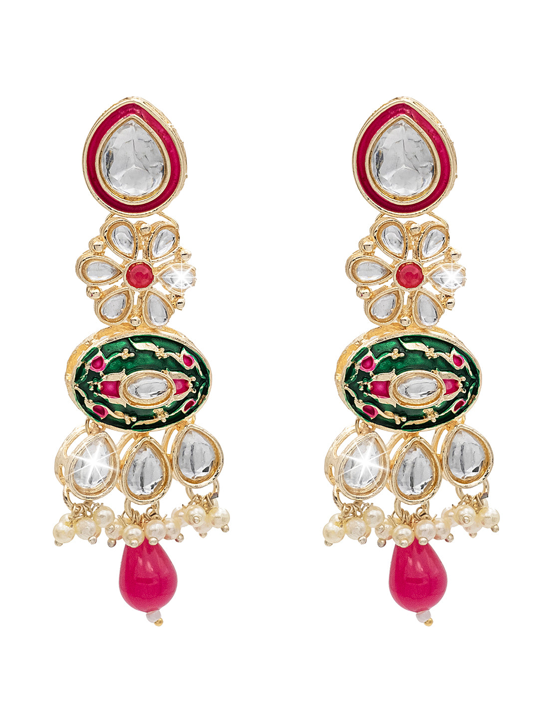 Handcrafted Gold Plated Floral Design Traditional Ethnic Kundan, Pearl Studded Dark Pink Meenakari Earrings for Women (SJE_46_D6_DP)