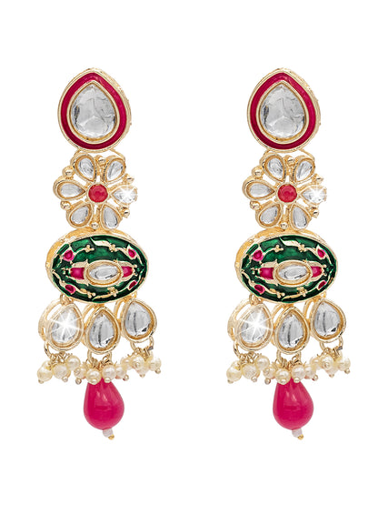 Handcrafted Gold Plated Floral Design Traditional Ethnic Kundan, Pearl Studded Dark Pink Meenakari Earrings for Women (SJE_46_D6_DP)