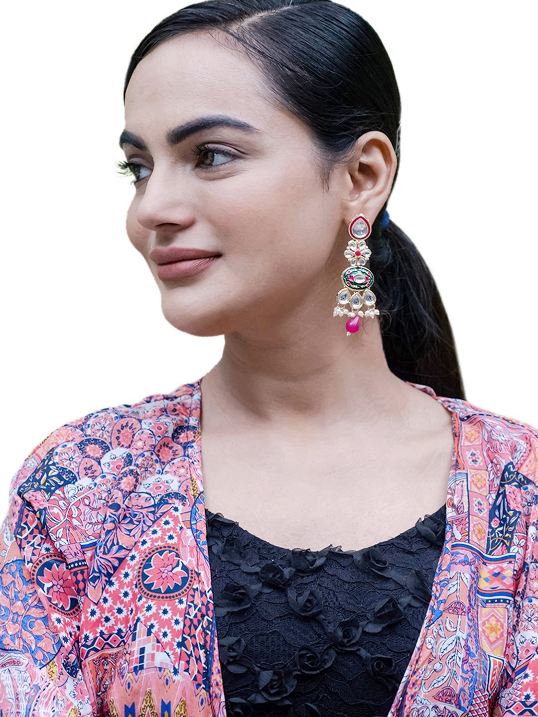 Handcrafted Gold Plated Floral Design Traditional Ethnic Kundan, Pearl Studded Dark Pink Meenakari Earrings for Women (SJE_46_D6_DP)